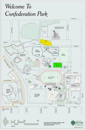 Confederation Park Site Plan with retreat start/end locations highlighted.