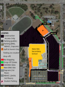 Satellite map with legend on left of the new traffic patterns on campus