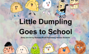 Front cover of the book "Little Dumpling Goes to School" showing each of the characters holding hands in a circle.
