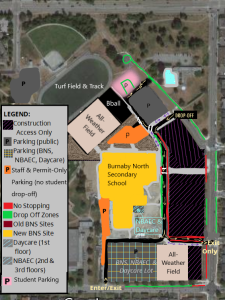 Overhead map of the campus, fields, and parking.
